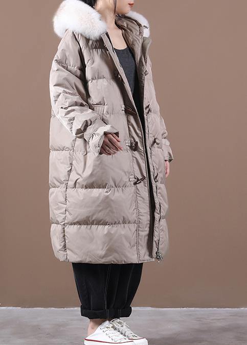 Loose Fitting Snow Jackets Pocket Outwear Khaki Hooded Fur Collar Down Coats