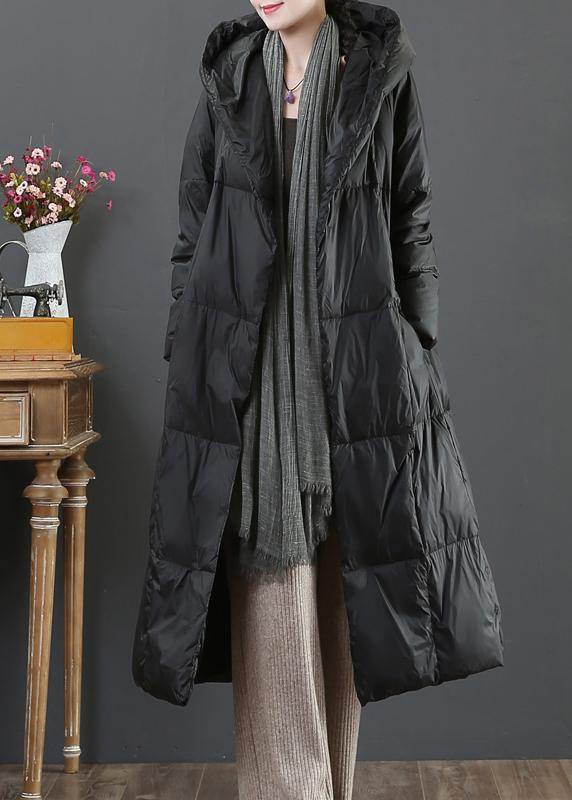 Fine Loose Fitting Snow Jackets Winter Outwear Black Hooded Pockets Goose Down Coat
