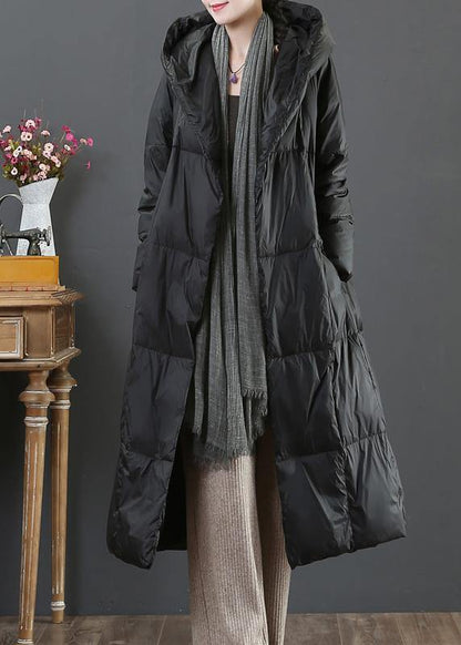 Fine Loose Fitting Snow Jackets Winter Outwear Black Hooded Pockets Goose Down Coat