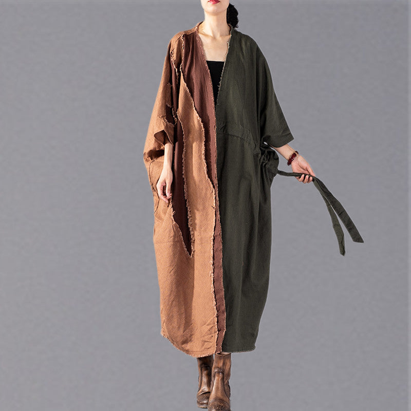 Fine Army Green Coat Oversize Patchwork Trench Coat Drawstring Jackets