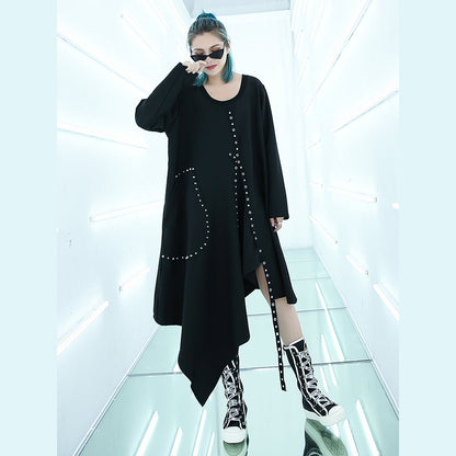 Fine Black Midi-length Dress Oversized Traveling Asymmetrical Design Boutique O Neck Autumn Dress