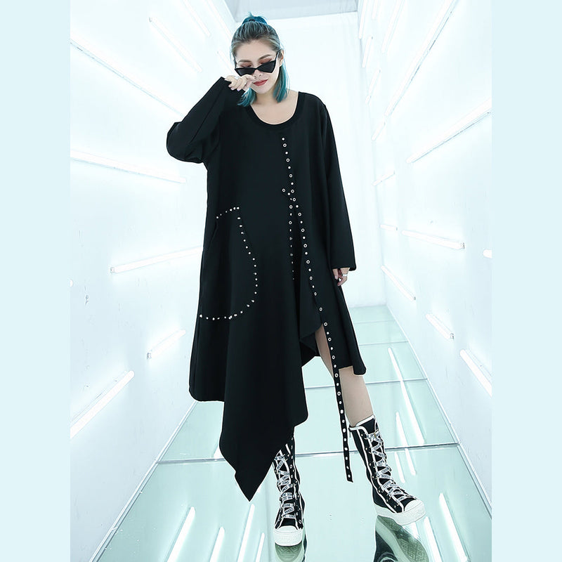 Fine Black Midi-length Dress Oversized Traveling Asymmetrical Design Boutique O Neck Autumn Dress