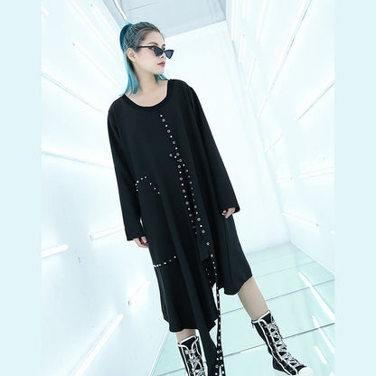 Fine Black Midi-length Dress Oversized Traveling Asymmetrical Design Boutique O Neck Autumn Dress