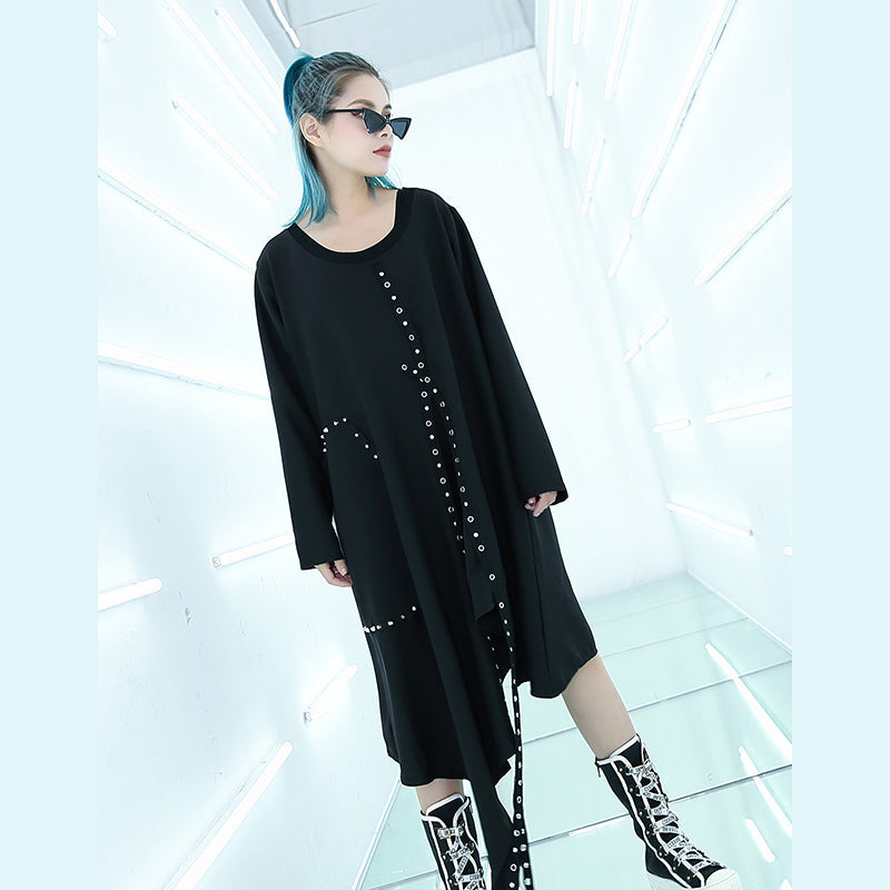 Fine Black Midi-length Dress Oversized Traveling Asymmetrical Design Boutique O Neck Autumn Dress