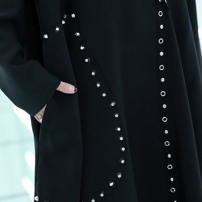 Fine Black Midi-length Dress Oversized Traveling Asymmetrical Design Boutique O Neck Autumn Dress