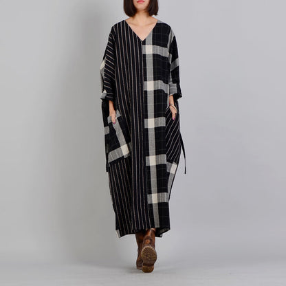 Fine Black Plaid V Neck Patchwork Gown Fine Pockets Batwing Sleeve Long Dresses