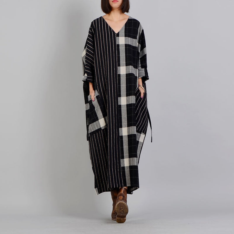 Fine Black Plaid V Neck Patchwork Gown Fine Pockets Batwing Sleeve Long Dresses