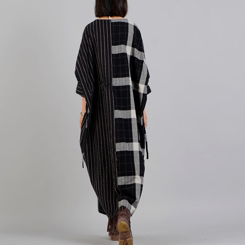 Fine Black Plaid V Neck Patchwork Gown Fine Pockets Batwing Sleeve Long Dresses