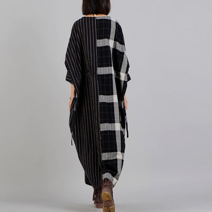 Fine Black Plaid V Neck Patchwork Gown Fine Pockets Batwing Sleeve Long Dresses