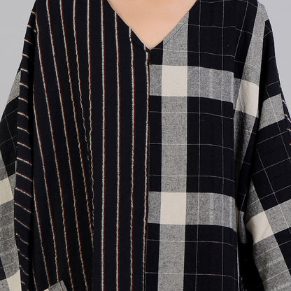 Fine Black Plaid V Neck Patchwork Gown Fine Pockets Batwing Sleeve Long Dresses