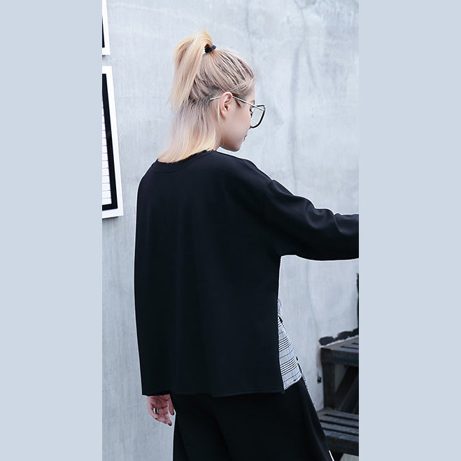 Fine Black Plaid Cotton Tops O Neck Traveling Fine Patchwork Asymmetric Cotton Tops