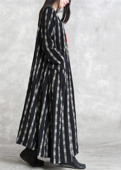 Fine Black Plaid Natural Linen Dress O Neck Patchwork Linen Maxi Dress Long Sleeve Pockets Dresses