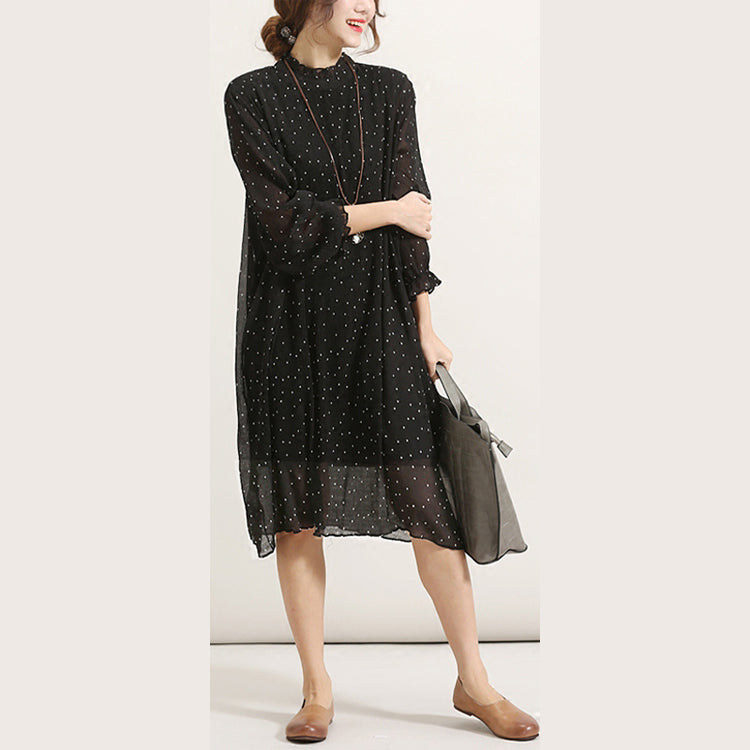 Fine Black Chiffon Sundress Stand Long Sleeve Prom Dress Cinched Tulle Dress