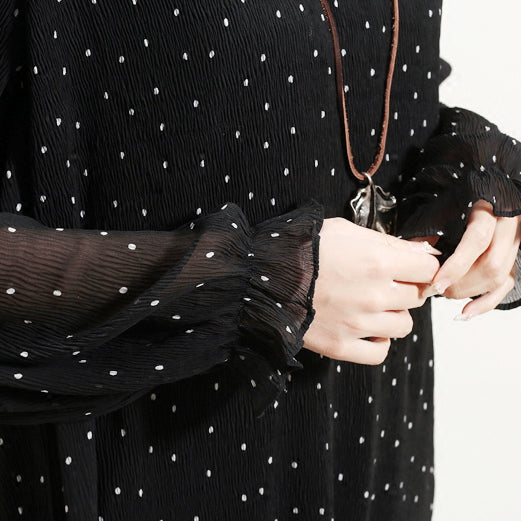 Fine Black Chiffon Sundress Stand Long Sleeve Prom Dress Cinched Tulle Dress