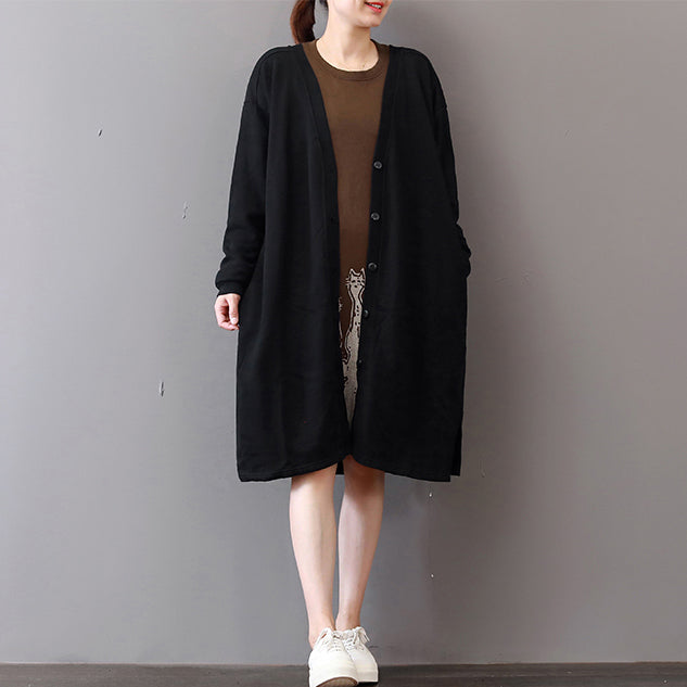 Fine Black Coats Prints Maxi Coat Boutique V Neck Long Cardigans