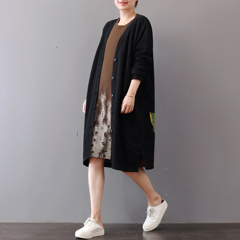 Fine Black Coats Prints Maxi Coat Boutique V Neck Long Cardigans