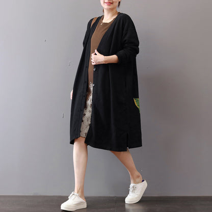 Fine Black Coats Prints Maxi Coat Boutique V Neck Long Cardigans