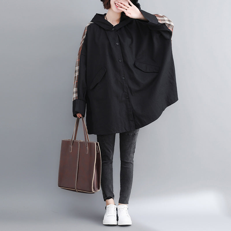 Fine Black Cotton Coat for Woman Plussize Hooded Medium Length Jackets Patchwork Jacket