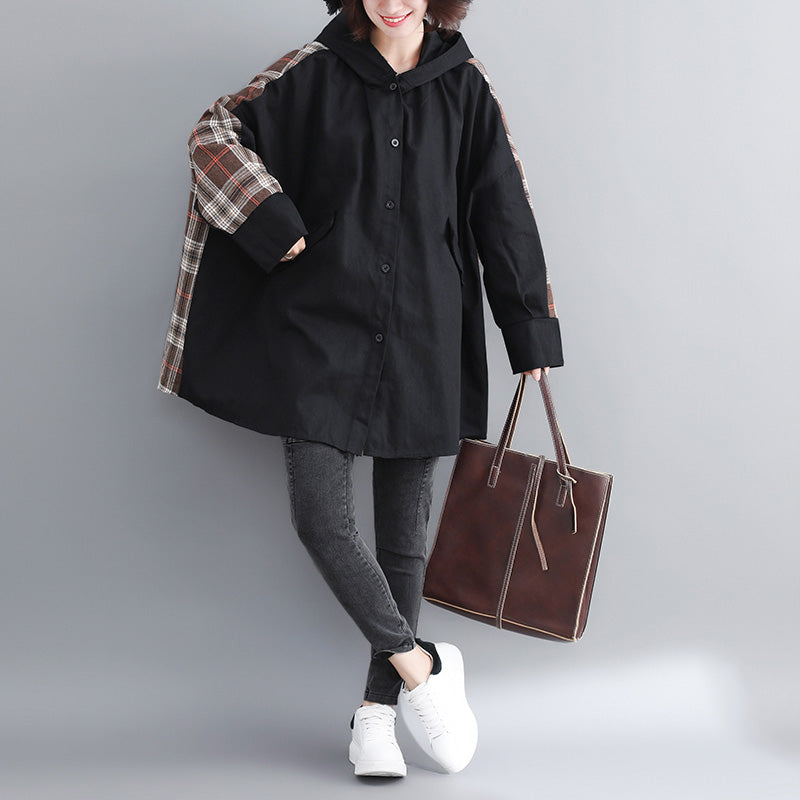 Fine Black Cotton Coat for Woman Plussize Hooded Medium Length Jackets Patchwork Jacket