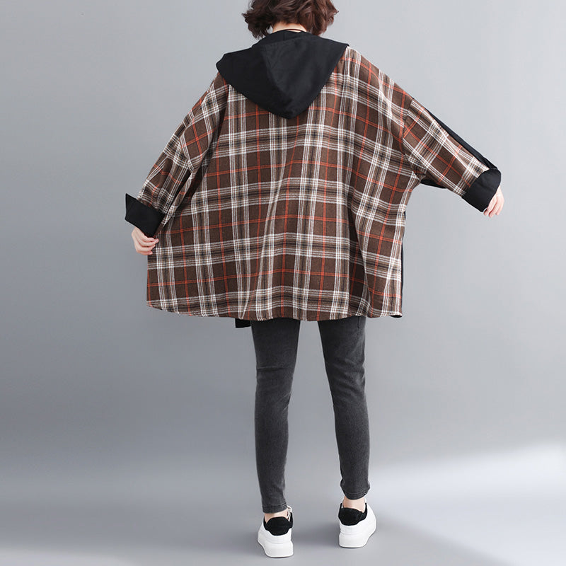 Fine Black Cotton Coat for Woman Plussize Hooded Medium Length Jackets Patchwork Jacket