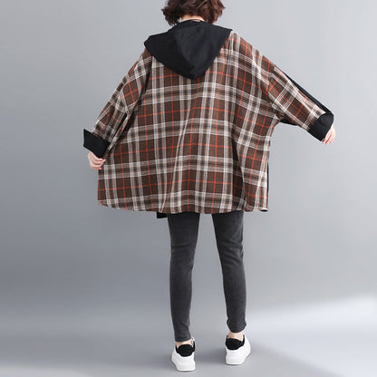Fine Black Cotton Coat for Woman Plussize Hooded Medium Length Jackets Patchwork Jacket