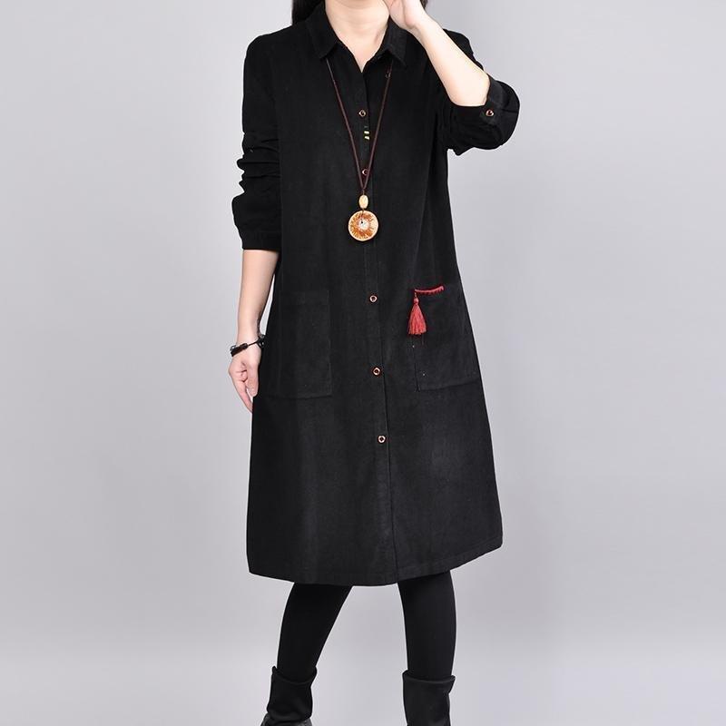 Fine Black Cotton Tops Plussize Cotton Cotton T Shirt New Lapel Collar Big Pockets Cotton Clothing Tops