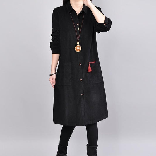 Fine Black Cotton Tops Plussize Cotton Cotton T Shirt New Lapel Collar Big Pockets Cotton Clothing Tops