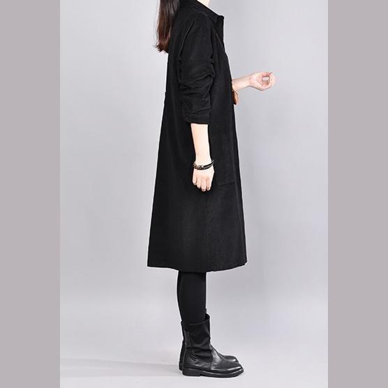 Fine Black Cotton Tops Plussize Cotton Cotton T Shirt New Lapel Collar Big Pockets Cotton Clothing Tops