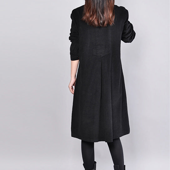 Fine Black Cotton Tops Plussize Cotton Cotton T Shirt New Lapel Collar Big Pockets Cotton Clothing Tops
