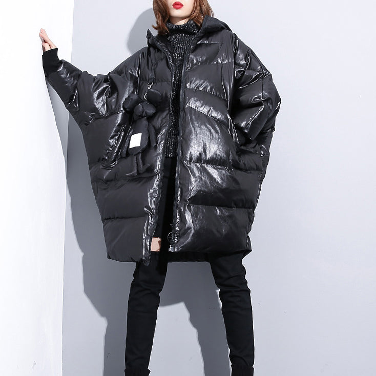 Fine Black Down Jacket Hooded Cotton Coat Zippered Pockets Over Coat