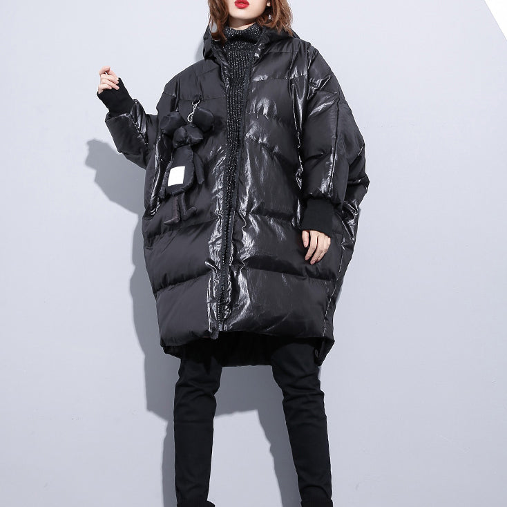Fine Black Down Jacket Hooded Cotton Coat Zippered Pockets Over Coat