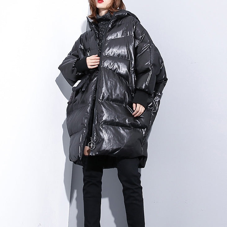 Fine Black Down Jacket Hooded Cotton Coat Zippered Pockets Over Coat
