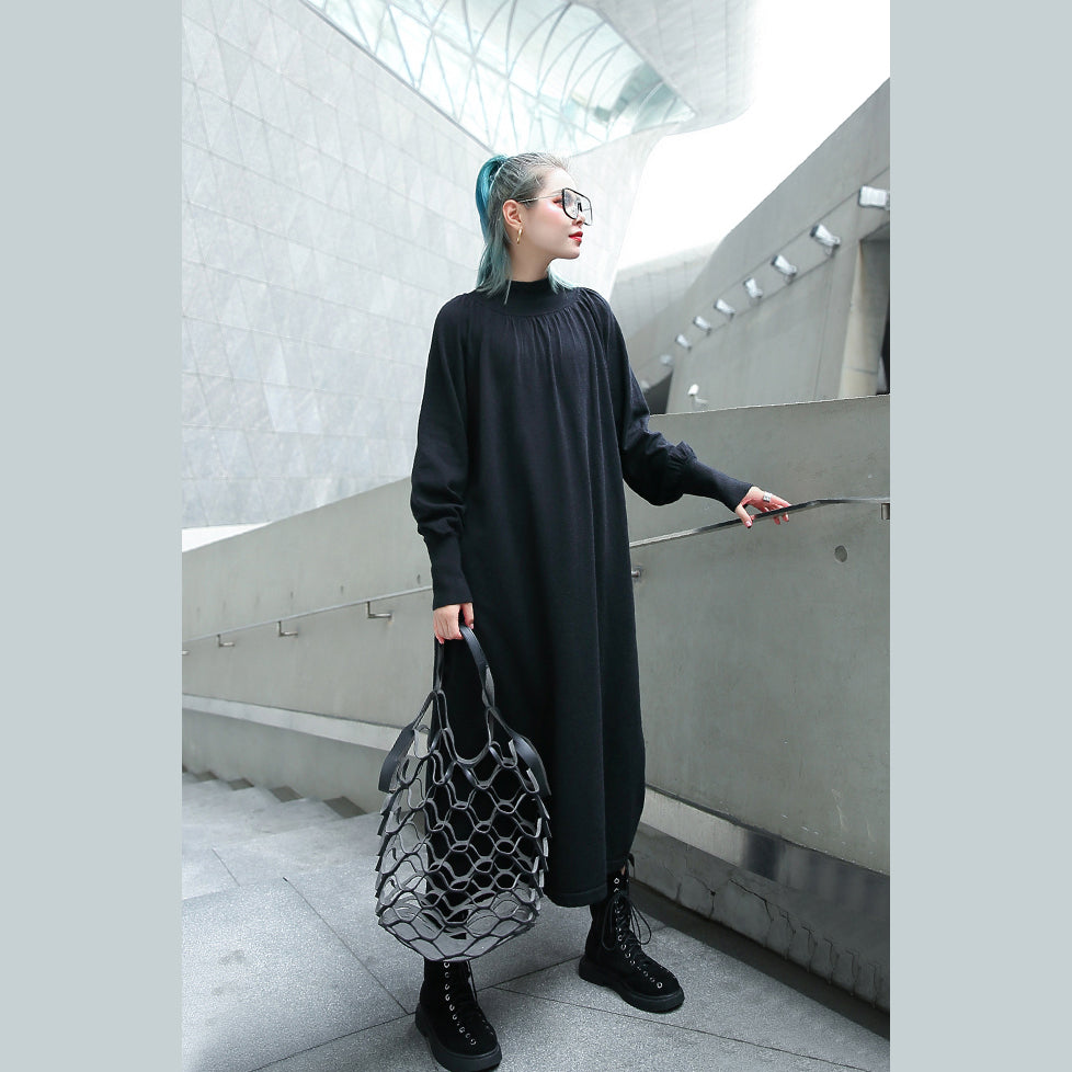 Fine Black Fall Dress Clothing Stand Collar Pockets Baggy Dresses