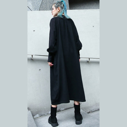 Fine Black Fall Dress Clothing Stand Collar Pockets Baggy Dresses