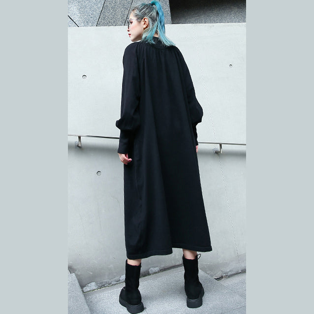 Fine Black Fall Dress Clothing Stand Collar Pockets Baggy Dresses
