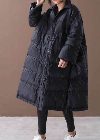Fine Black Goose Down Coat Winter Jacket Stand Collar Large Pockets Overcoat
