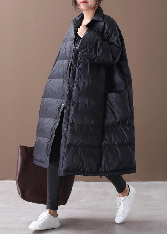 Fine Black Goose Down Coat Winter Jacket Stand Collar Large Pockets Overcoat