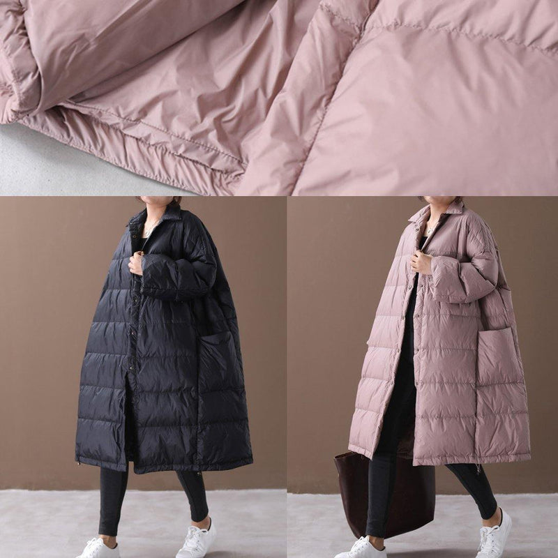 Fine Black Goose Down Coat Winter Jacket Stand Collar Large Pockets Overcoat
