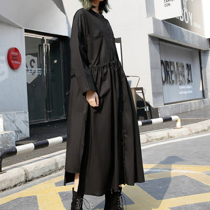 Fine Black Long Cotton Dresses Loose Fitting Stand Collar Cotton Clothing Dress New Elastic Waist Cotton Caftans