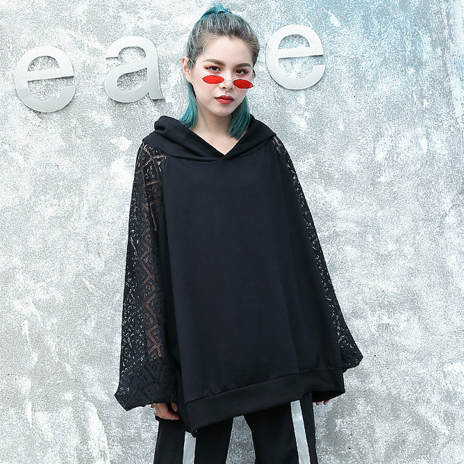 Fine Black Natural Cotton Blended T Shirt Oversized Hooded Clothing Tops Fine Lace Patchwork Long Sleeve Tops