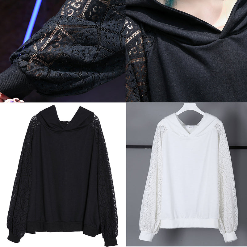 Fine Black Natural Cotton Blended T Shirt Oversized Hooded Clothing Tops Fine Lace Patchwork Long Sleeve Tops