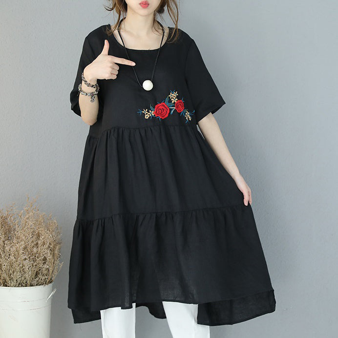 Fine Black Natural Linen Dress Embroidery Linen Clothing Dress Patchwork Kaftans