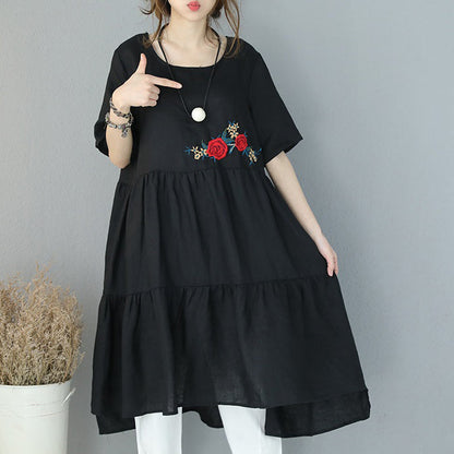 Fine Black Natural Linen Dress Embroidery Linen Clothing Dress Patchwork Kaftans