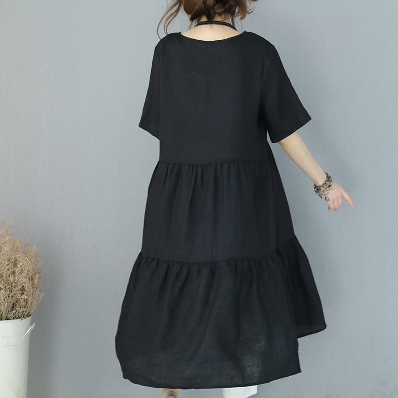 Fine Black Natural Linen Dress Embroidery Linen Clothing Dress Patchwork Kaftans