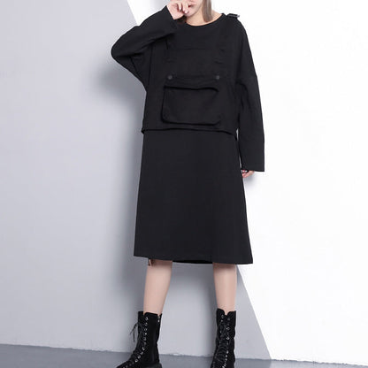 Fine Black Oversize Dress False Two Pieces O Neck Clothing Dresses