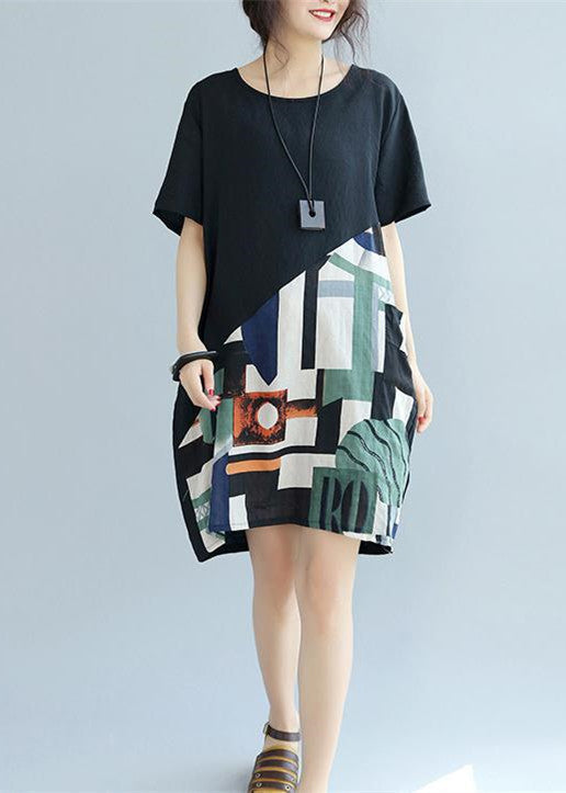 Fine Black -print1 Patchwork Linen Shift Dress Loose Fitting Cotton Clothing Dress Short Sleeve Wild Prints Knee Dresses