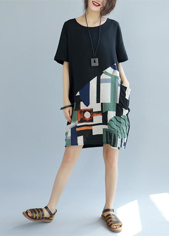 Fine Black Patchwork Linen Shift Dress Loose Fitting Cotton Clothing Dress Short Sleeve Wild Prints Knee Dresses