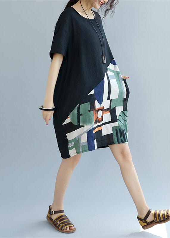 Fine Black Patchwork Linen Shift Dress Loose Fitting Cotton Clothing Dress Short Sleeve Wild Prints Knee Dresses