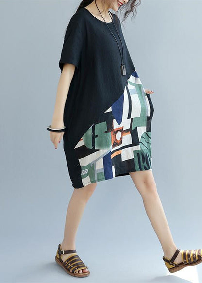 Fine Black Patchwork Linen Shift Dress Loose Fitting Cotton Clothing Dress Short Sleeve Wild Prints Knee Dresses