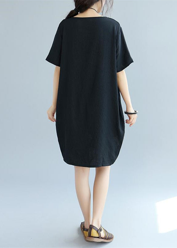 Fine Black -print1 Patchwork Linen Shift Dress Loose Fitting Cotton Clothing Dress Short Sleeve Wild Prints Knee Dresses